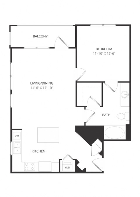 Floor plan for 1 bed, 1 bath, 817 sqft